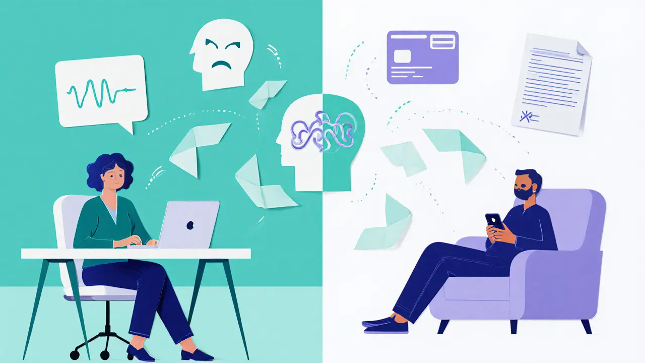 Hybridní terapie: terapeut v kanceláři a klient doma, propojeni AI a pojištěním.