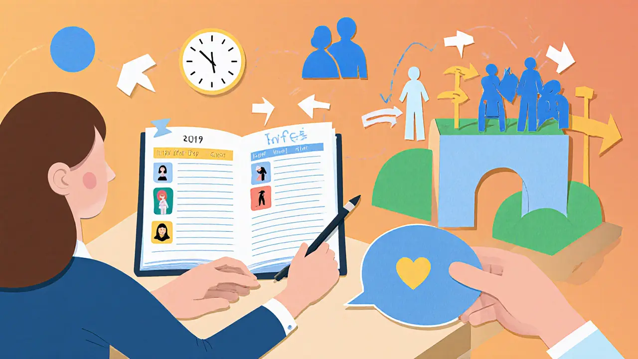 Klient s deníkem a terapeut ukazující asertivní komunikaci.