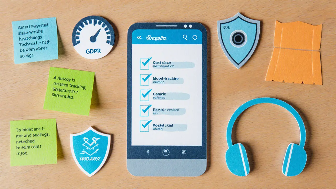 Kontrolní seznam s ikonami rychlosti, ochrany dat a výhod a omezení mobilní terapie.