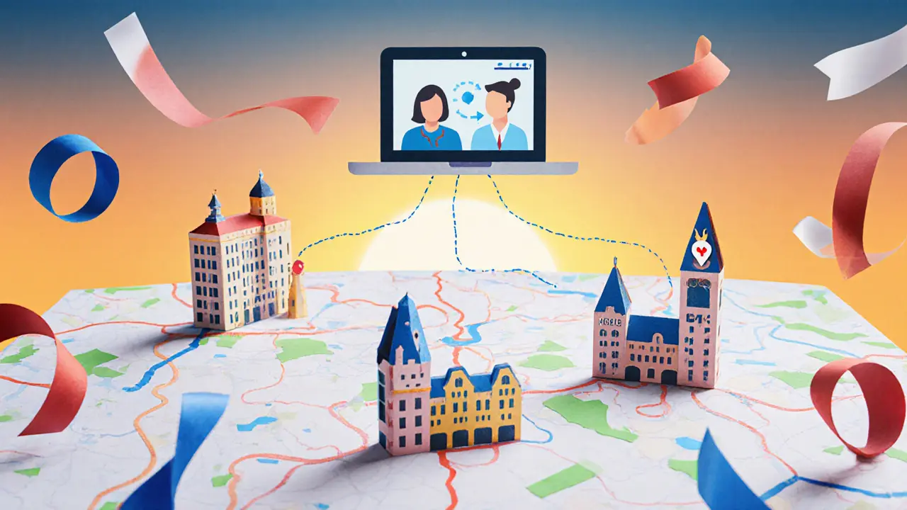 Mapa ČR s klinikami v Praze, Brně, Ostravě a telehealth symbolem.