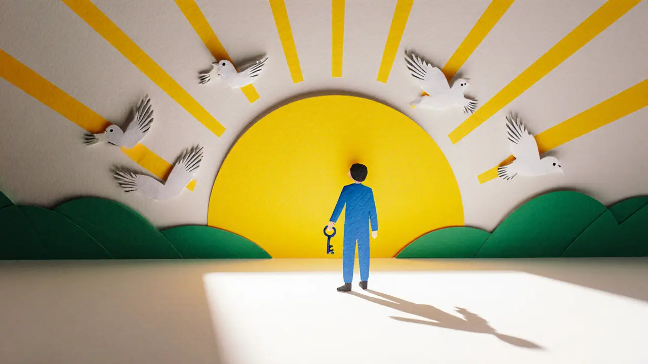 Osoba stojí v jasném prostoru s papírovými ptáky a klíčem, symbolizuje pokrok v terapii.