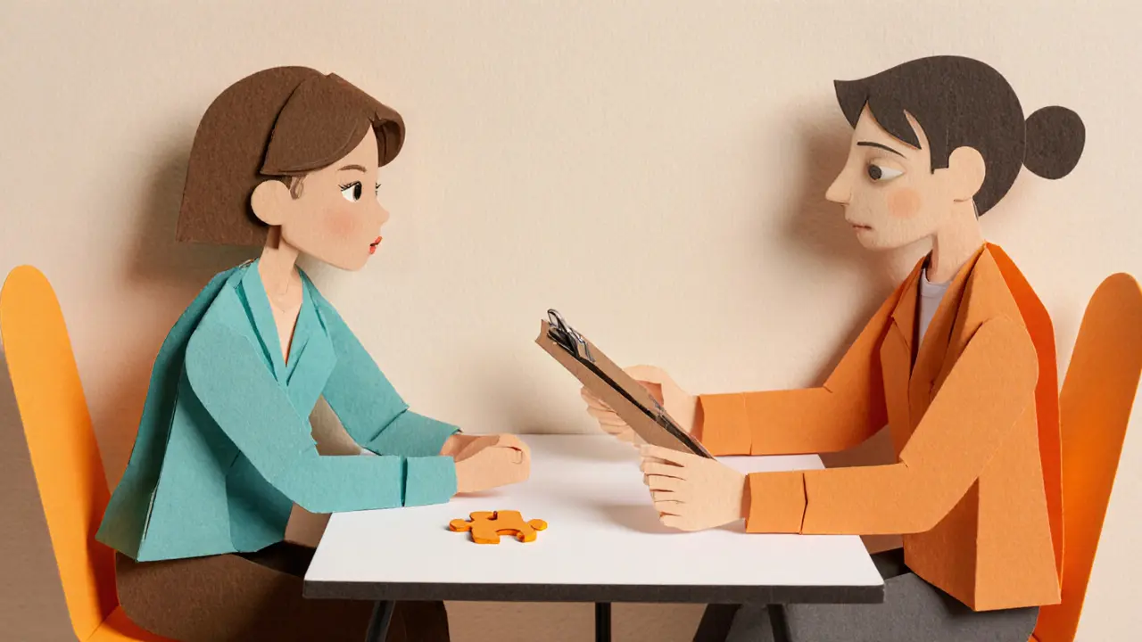 Terapeut a pacient u stolu, spolupracují na cvičení kognitivně‑behaviorální terapie.