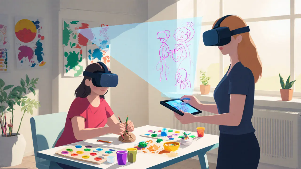 Budoucí arteterapie spojená s tradičními materiály i digitálními nástroji, ztvárněná řezaným papírem.