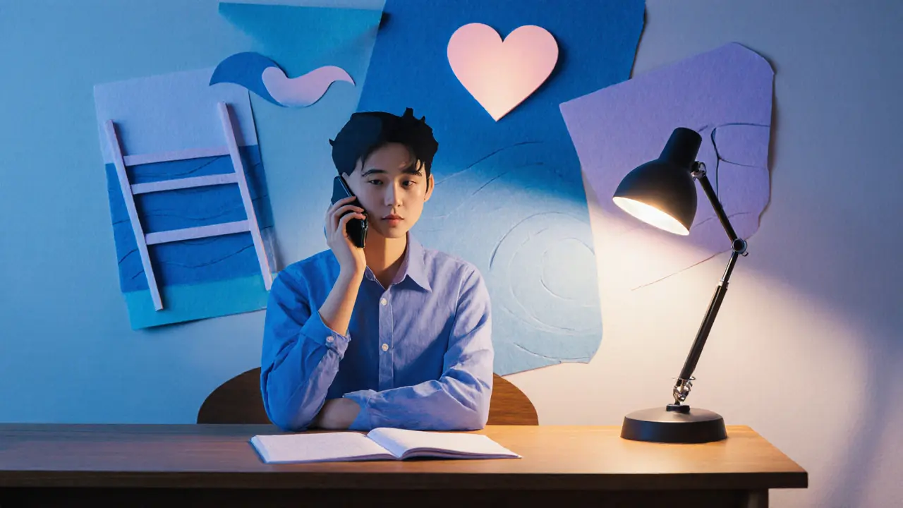 Osoba sedí u stolu, drží telefon, v pozadí papírové symboly klidu a podpory.