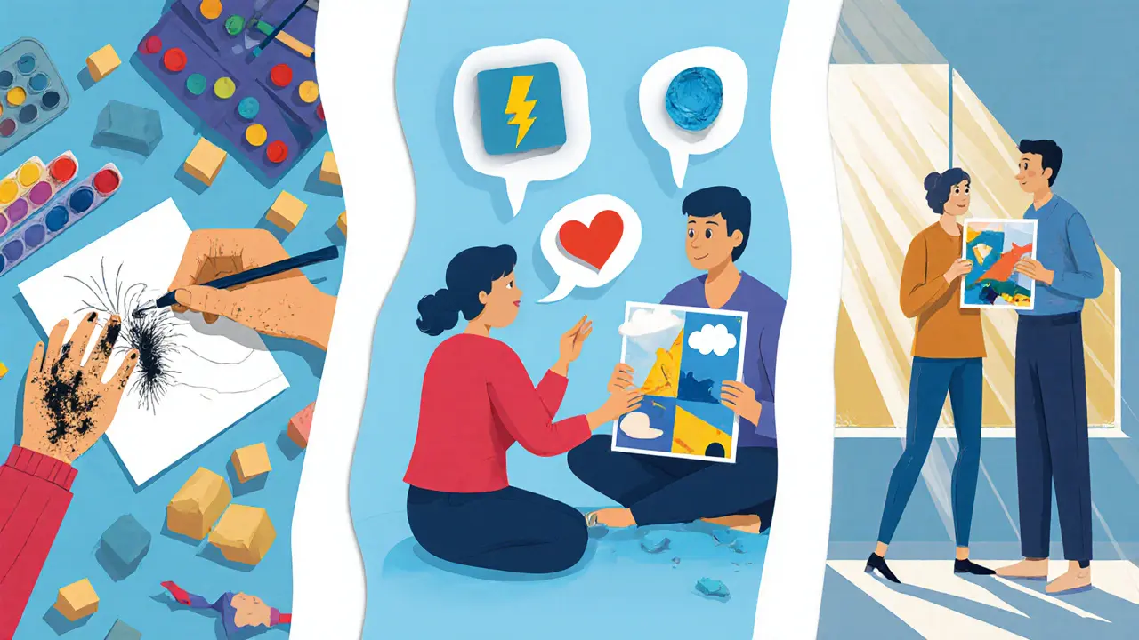 Scéna ukazující tvorbu, reflexi a integraci během arteterapeutické sezení v papírovém stylu.