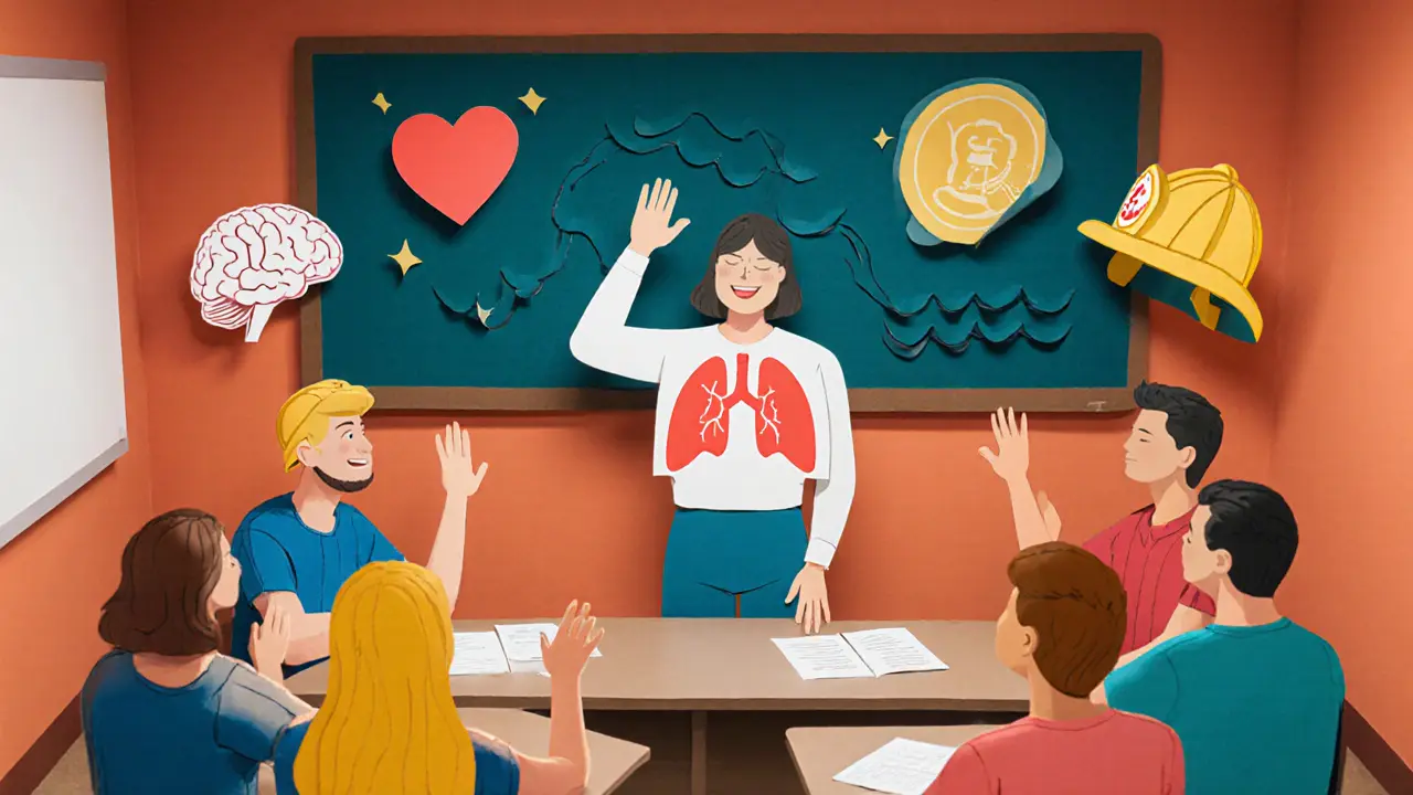 Skupina lidí v dílně, učitel ukazuje dechové cvičení, papírové tvary a teplé barvy.