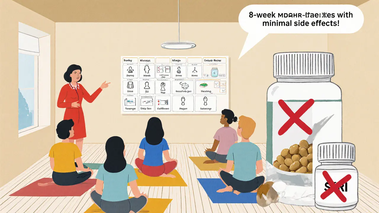 Skupinová lekce MBSR vedle léků SSRI.