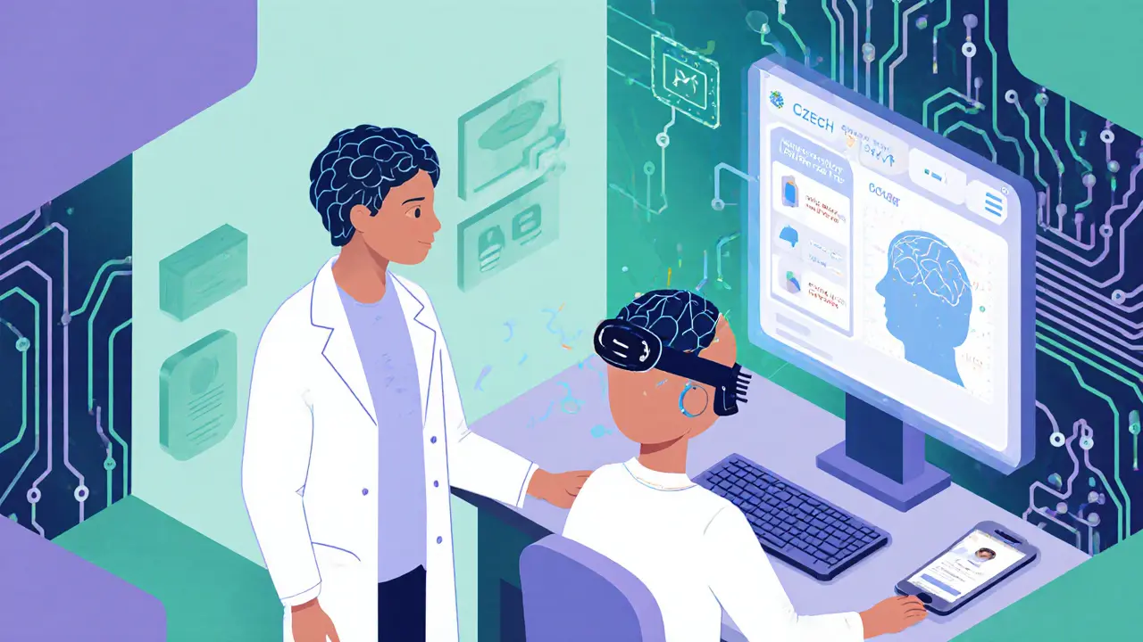 Výzkumník s EEG a AI aplikací pro personalizovanou meditaci.