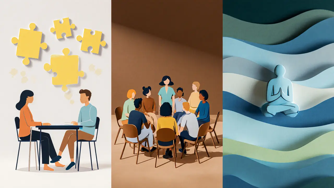 Ilustrace tří terapií: CBT, skupinová a DBT, papírové postavy.