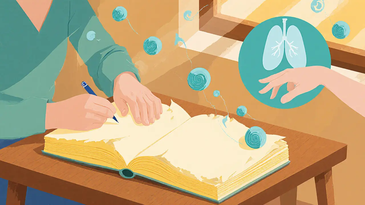 Osoba zapisuje emoce do deníku, provádí EFT tapping, okolo papírové vlny dýchání.