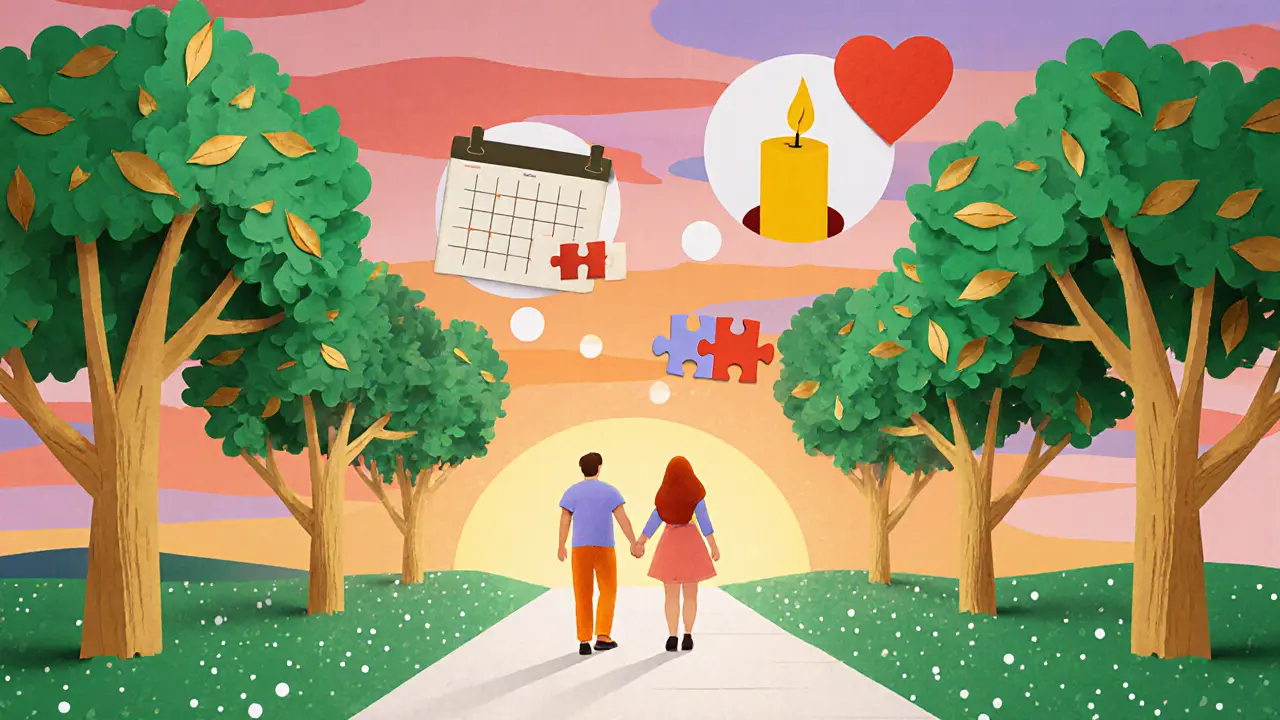 Pár společně prochází park, drží se za ruce, kolem papírových symbolů štěstí.