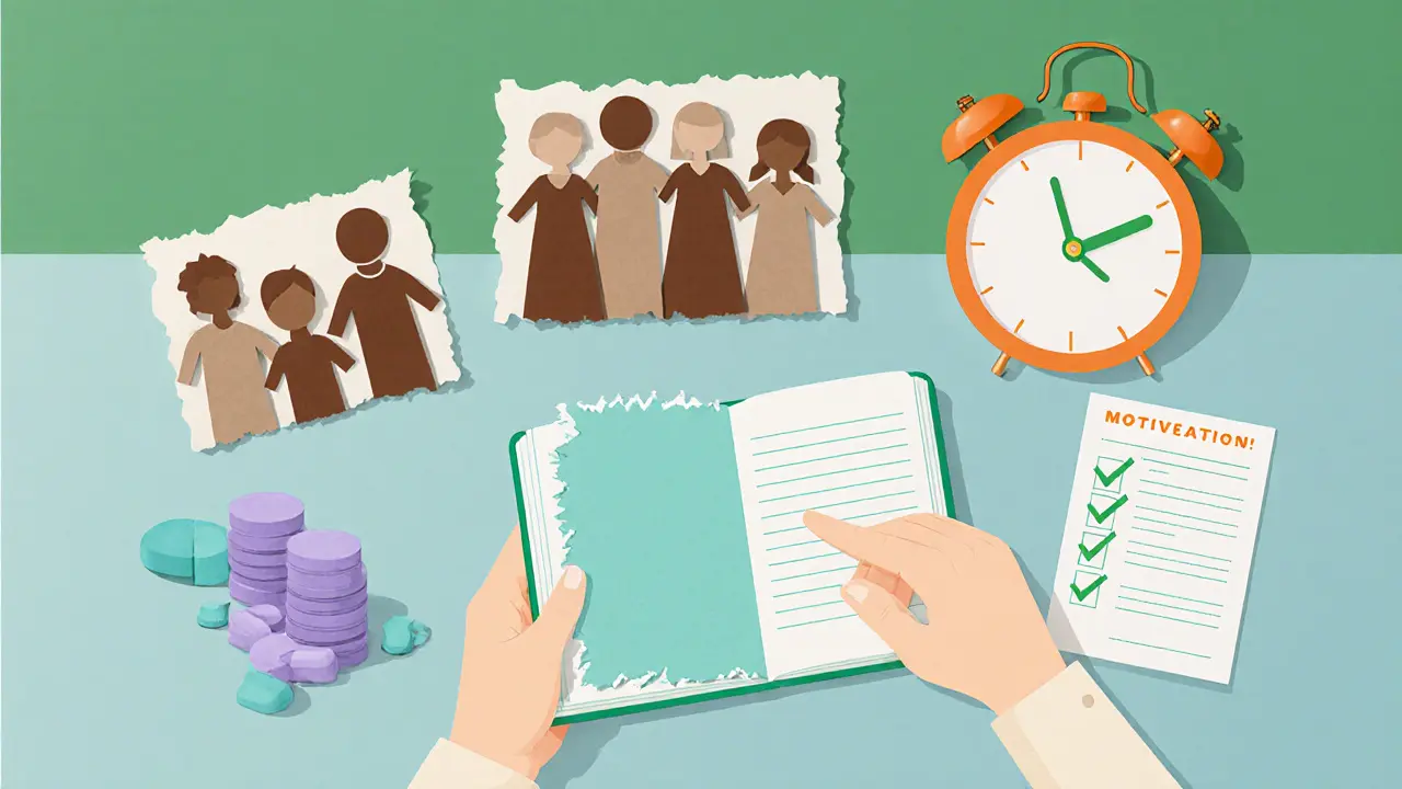 Praktické nástroje – deník, léky, rodina, papírový vzhled.