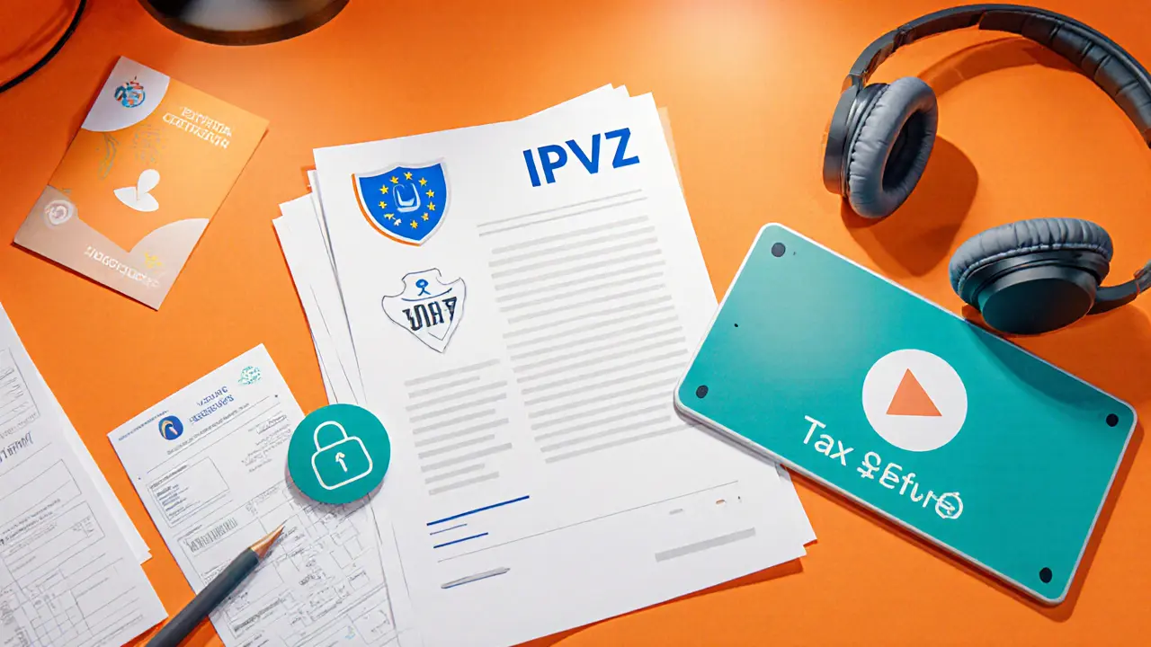 Stůl s dokumenty: certifikát IPVZ, štítek GDPR, logo VZP a daňové formuláře.