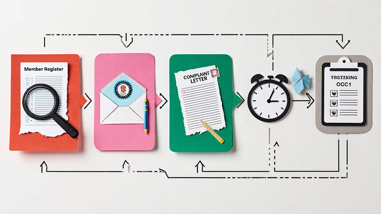 Grafické kroky podání stížnosti: kontrola členství, výběr komise, dopis, odeslání, sledování.