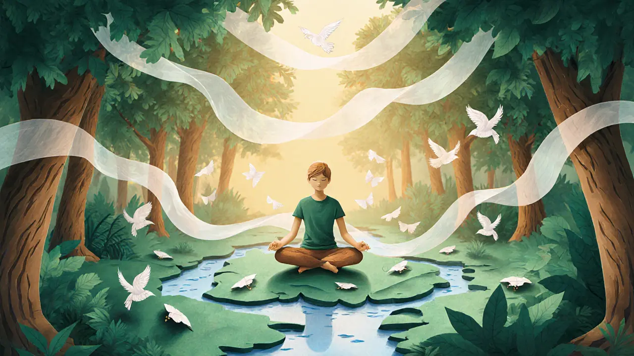 Klidná lesní scenérie vyřezávaná papírem, člověk v meditaci představuje bezpečné místo.