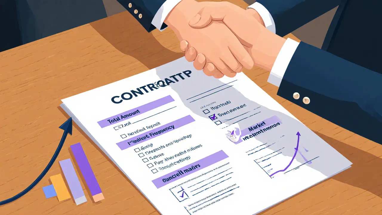 Klient a terapeut podepisují smlouvu o splátkách, vedle nich je kontrolní seznam a rostoucí graf.