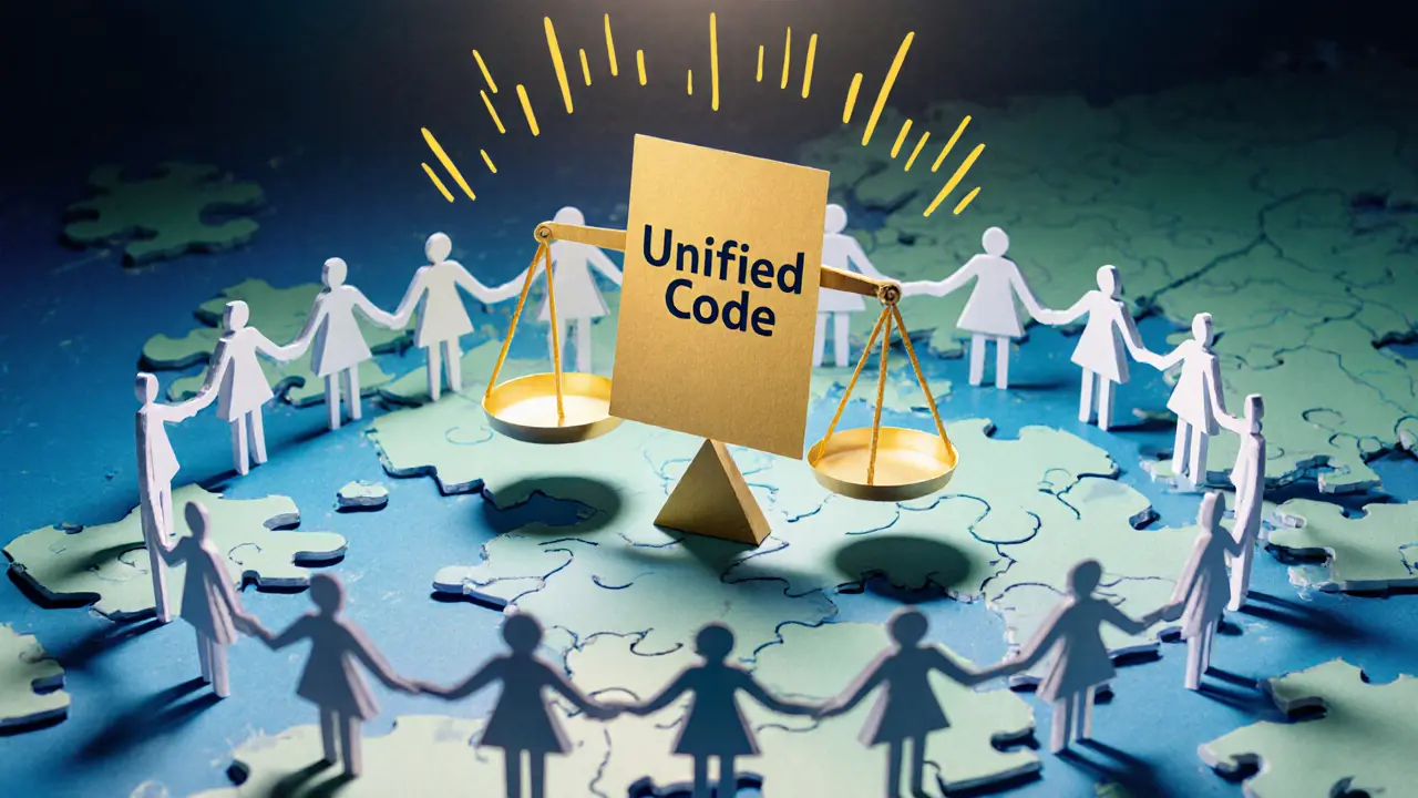 Mapa Evropy jako puzzle, jednotný etický kodex a papírová váha symbolizují budoucnost.