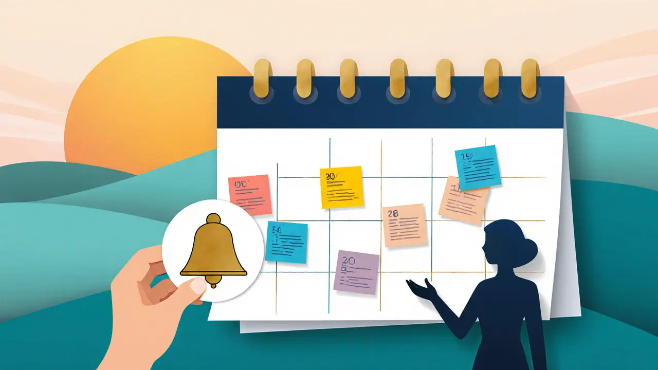 Papírový kalendář s barevnými nálepkami, připomínka a podpora při sledování pokroku.