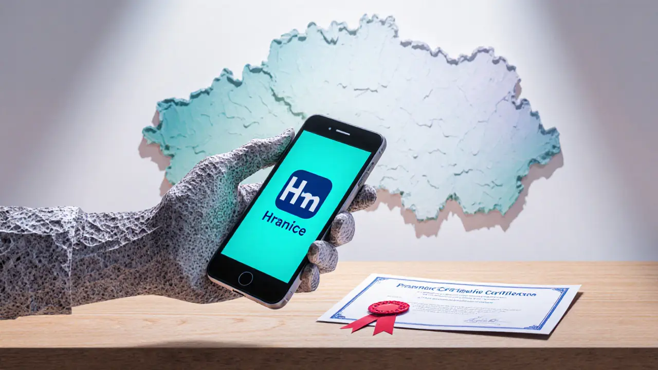 Ruka drží mobil s aplikací Hranice a papírový certifikát, s mapou Česka v pozadí.