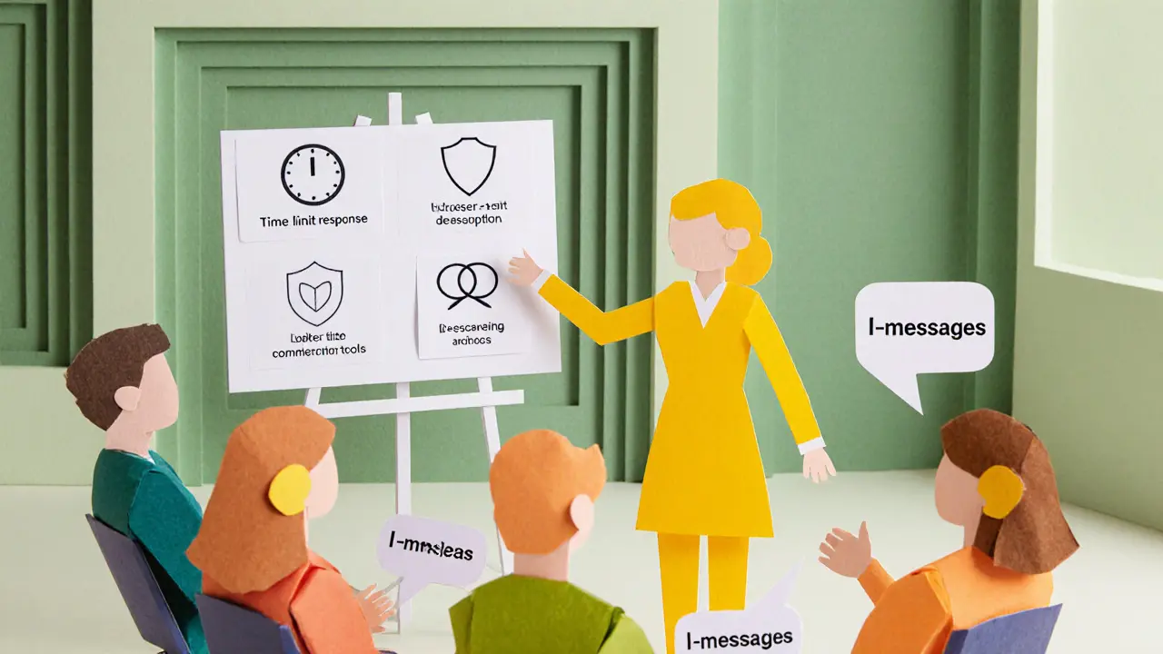 Skupinová workshopy pro partnery, papírové postavy u flipchartu s ikonami technik komunikace.