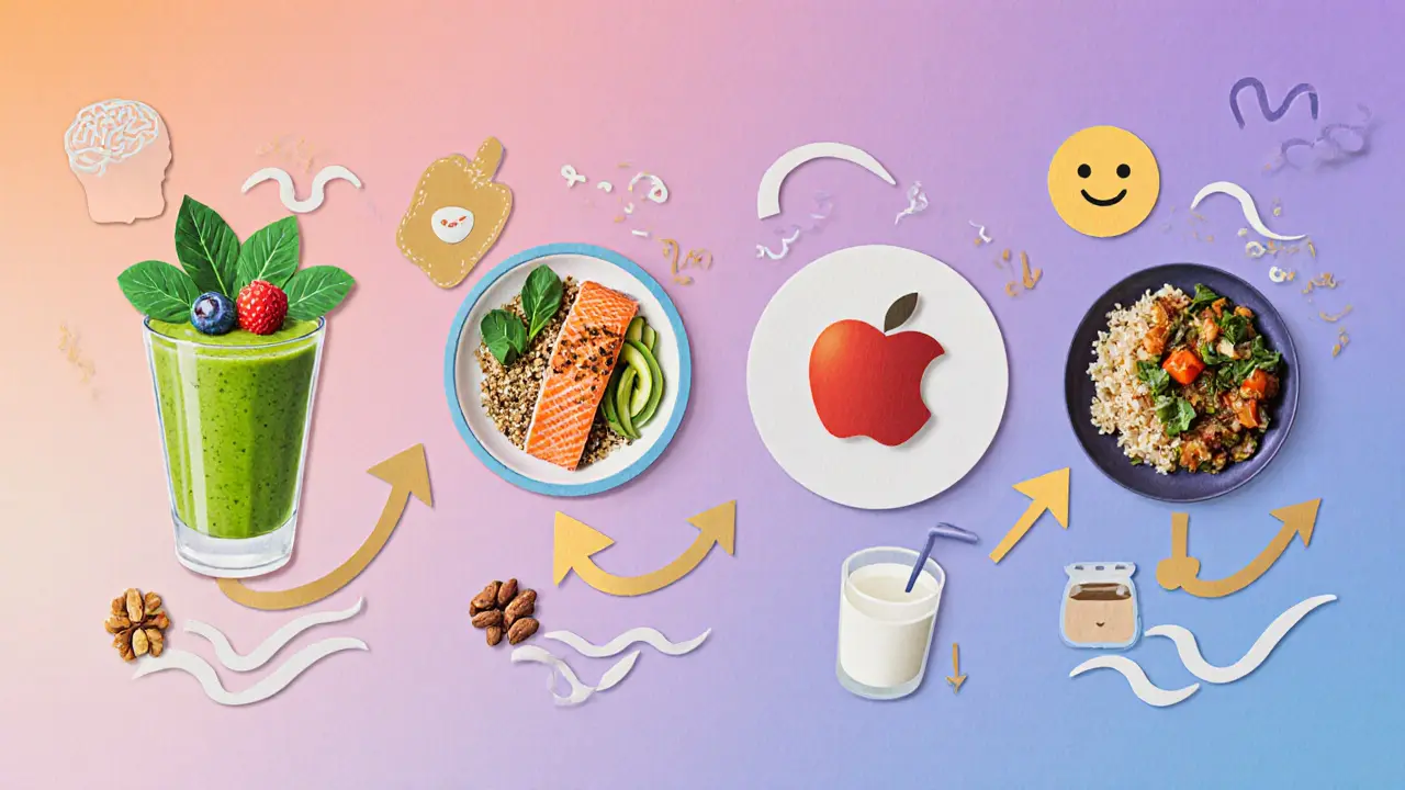 Denní jídelníček pro duševní zdraví s energetickými šipkami.