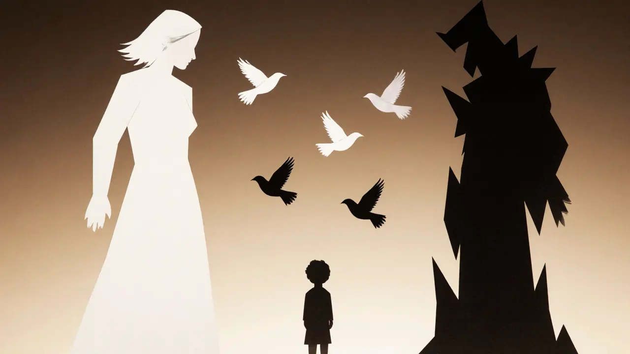 Dítě mezi dvěma papírovými postavami, s ptákem mezi černou a bílou stranou