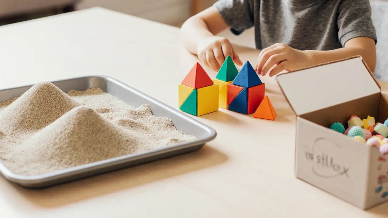 Dítě si hraje s kinetickým pískem, magnetickými tvary a Smysloboxem.
