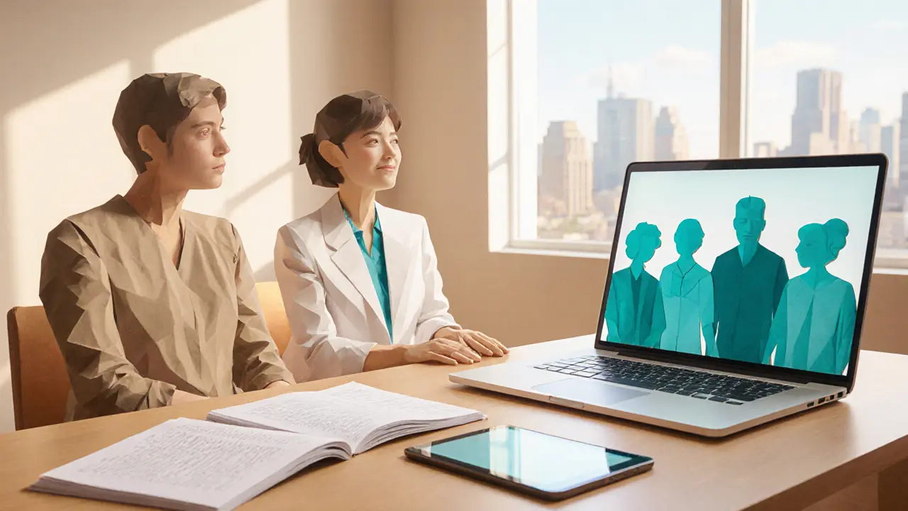 Hybridní terapie: osobní místnost a videohovor propojené papírovou grafikou.