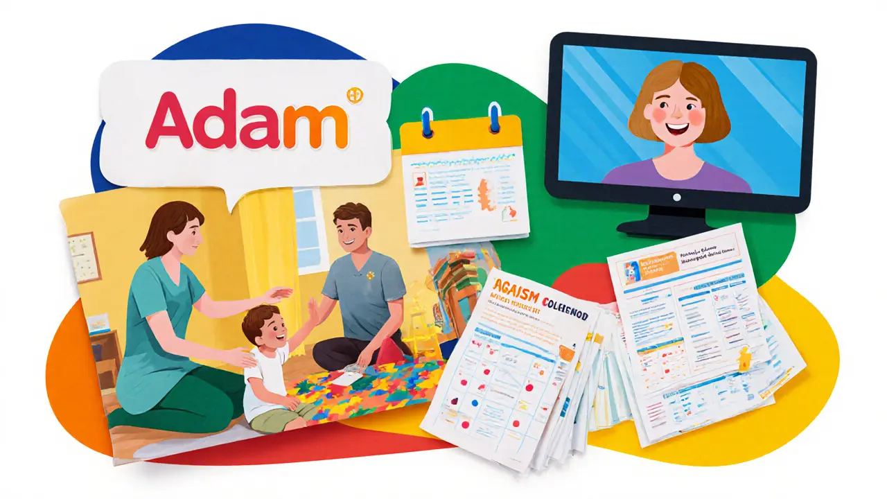 Koláž ukazující terapii, online konzultaci a organizaci ADAM jako podporu rodin s autismem.