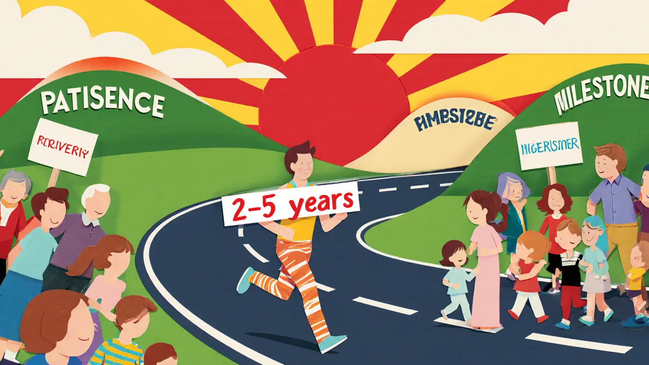 Maratonová scéna s běžcem, podporou rodiny a přátel, symbolizuje dlouhodobou léčbu.