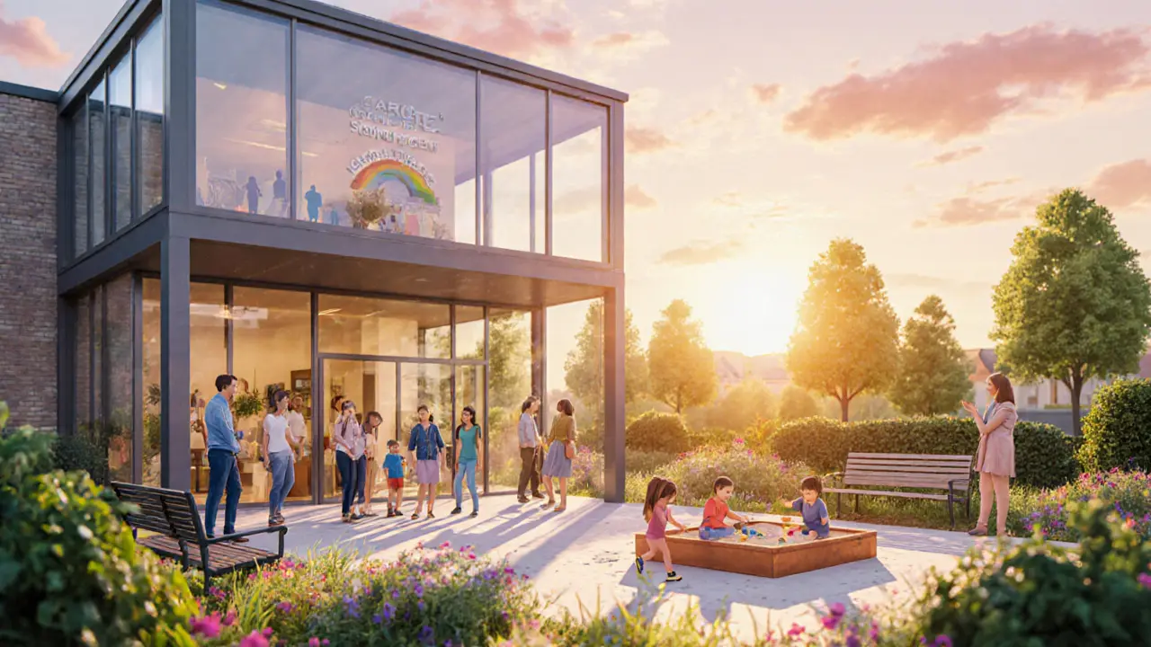 Nová regionální centrum, rodiny vstupují, děti si hrají, vyzařuje naděje.