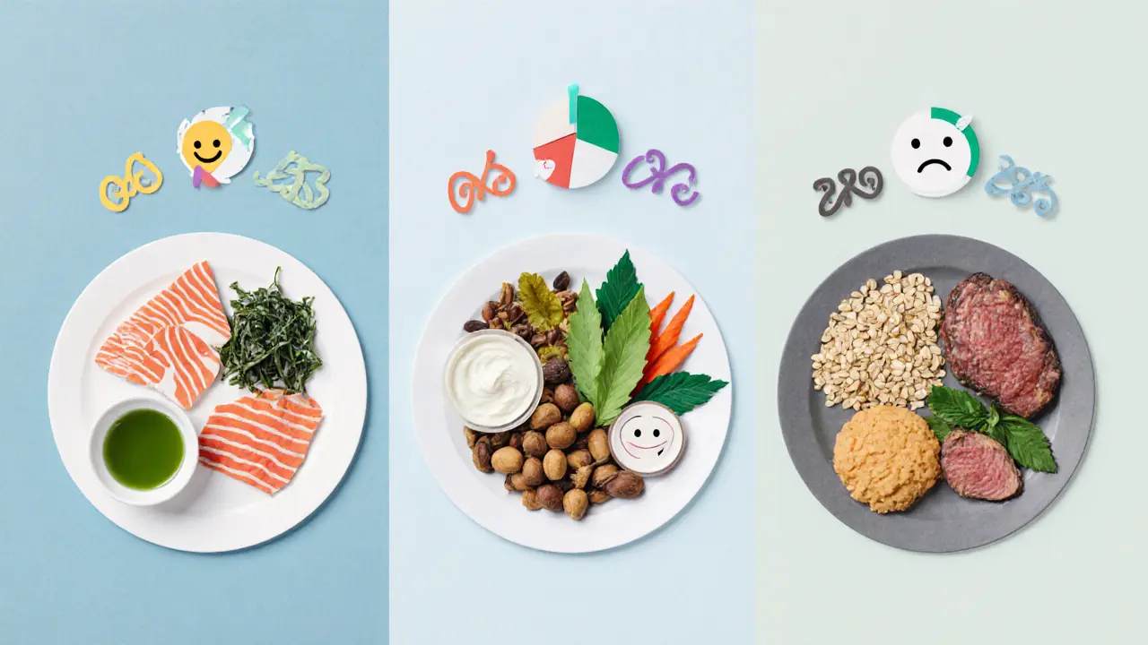 Porovnání japonské, středomořské a západní stravy s ikonami nálady.