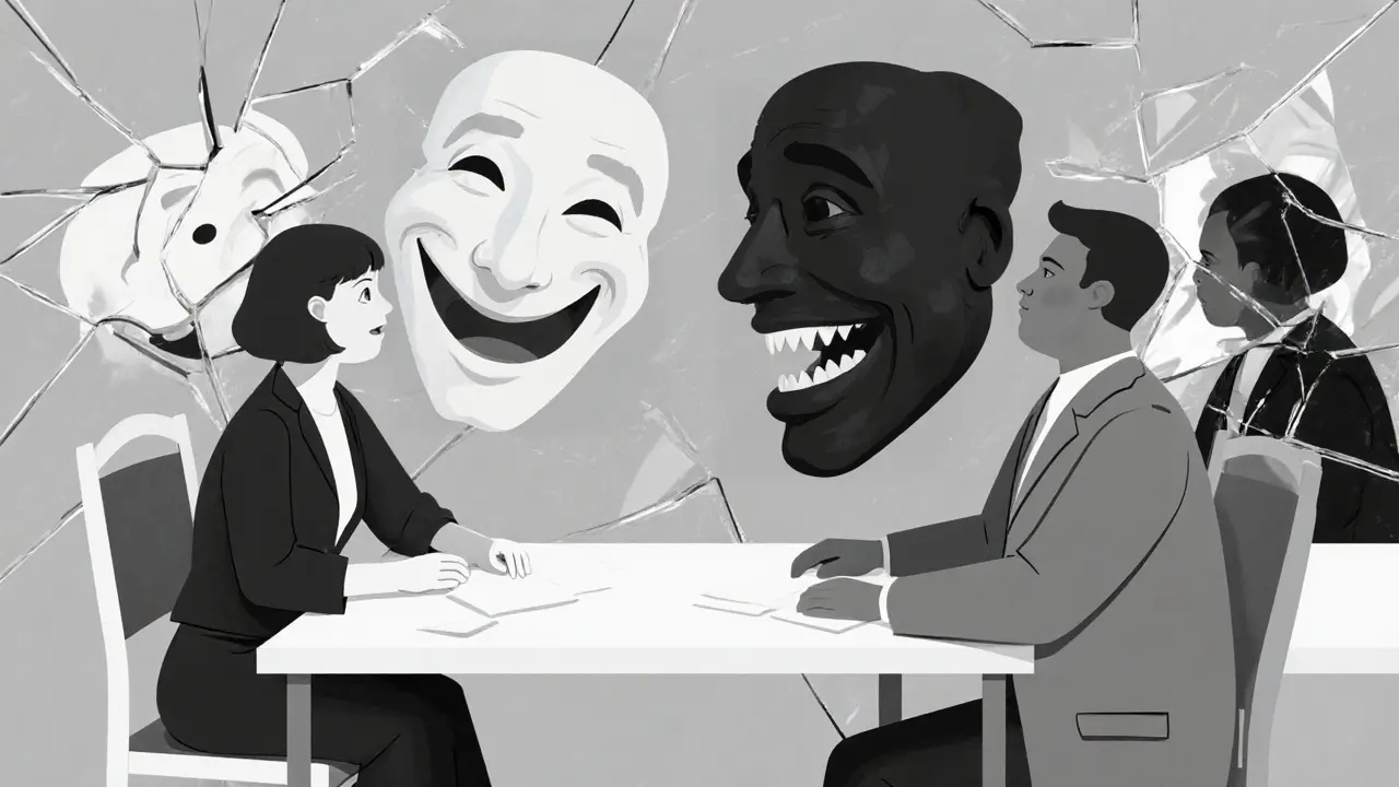 Terapeut a klient s protichůdnými papírovými maskami tváří