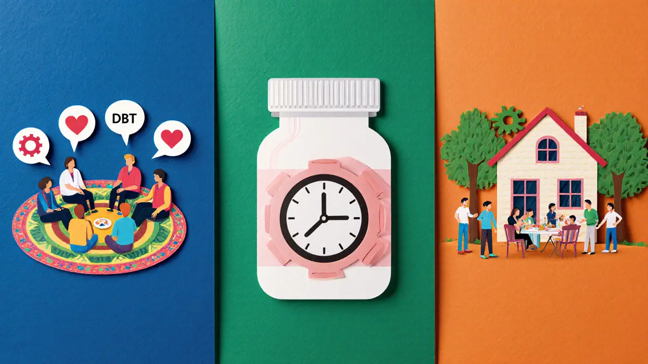 Tři panely: skupinová terapie DBT, pilulky farmakoterapie, komunální terapie.