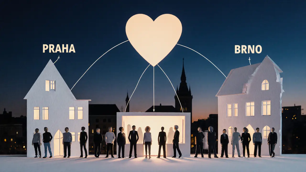 České města spojená nitkami k centru terapie, zatímco lidé čekají v řadách.