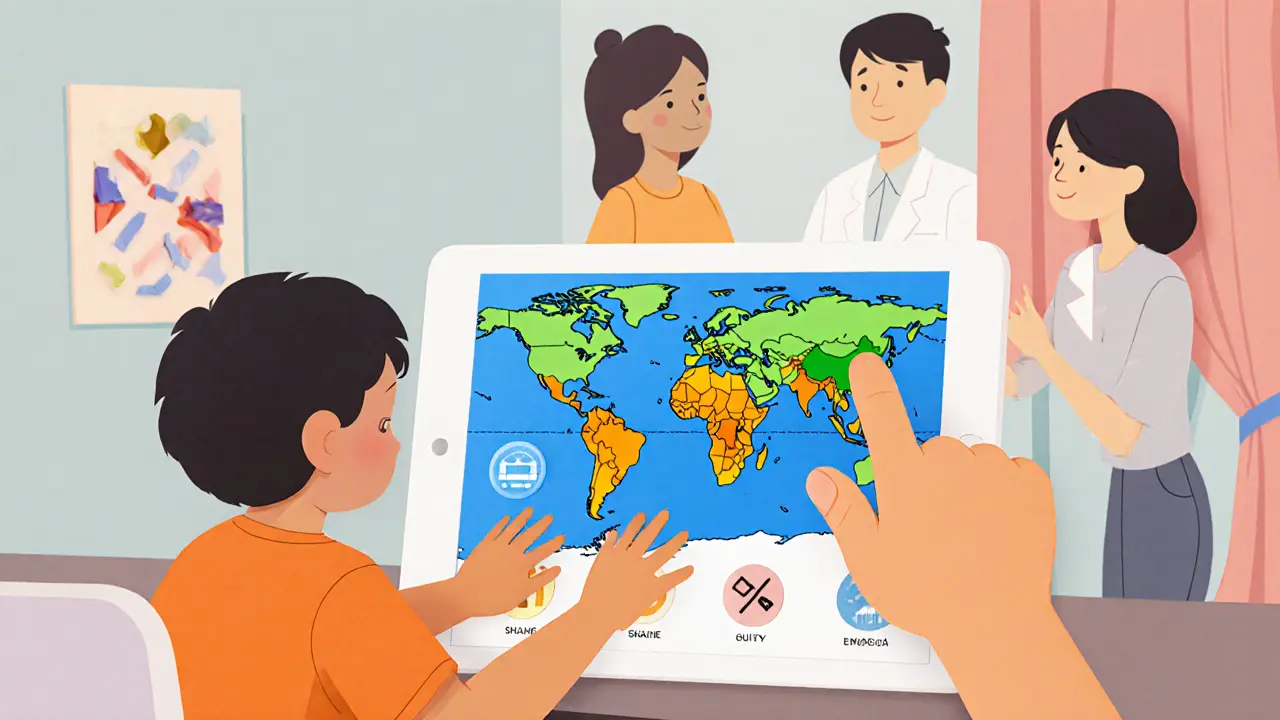 Dítě používá tablet s papírovou mapou emocí, obklopeno rodinou.