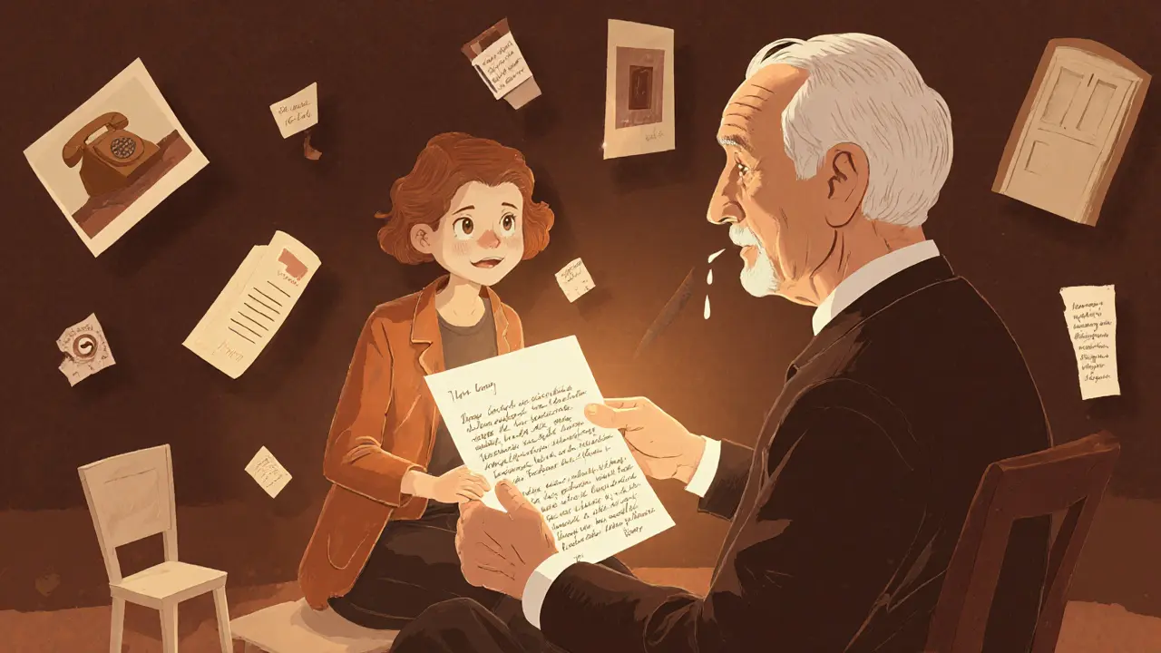 Dva lidé sedí spolu, jeden přečítá dopis, druhý pláče, kolem nich plavou vzpomínky.