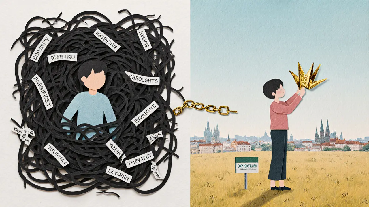 Dvě scény: osoba v bludišti myšlenek vlevo, vpravo volně stojí v poli s zlatým papírovým žábořem a Prahou na horizontu.