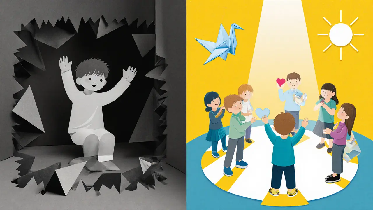 Kontrast mezi izolací a přijetím: dítě s autismem najde přátelství ve skupině.