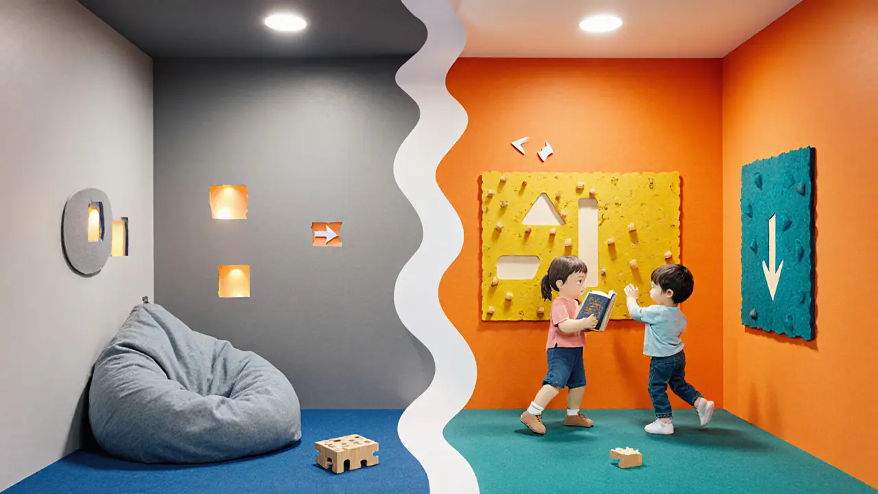 Místnost rozdělena na klidovou (šedá, tichá) a aktivační (barevná, živá) zónu s dětmi v každé.