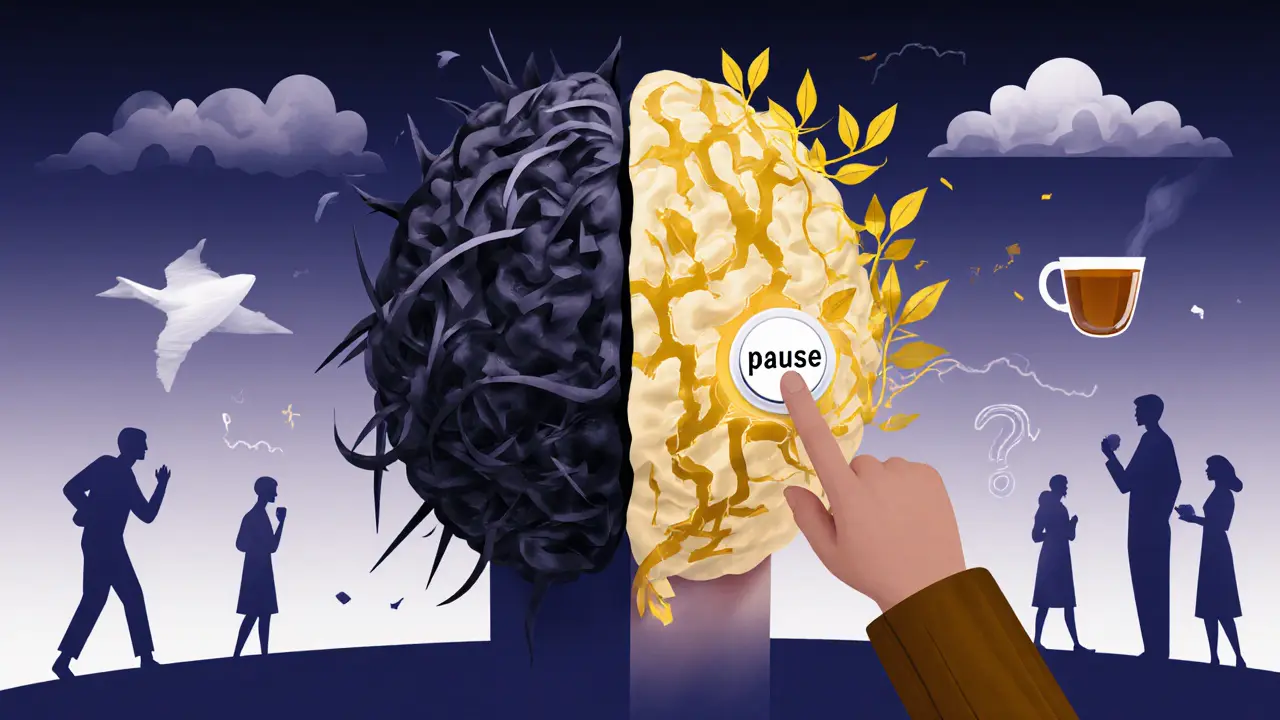 Mozek s temnou a světlou stranou, světlá strana je propojena zlatými cestami vděčnosti.