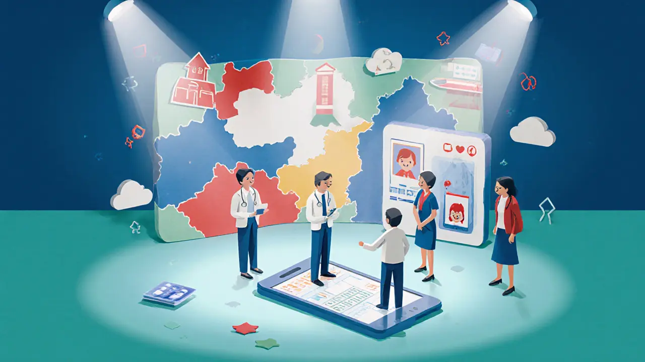 Multidisciplinární tým provádí teleterapii, obklopený mapou ČR.