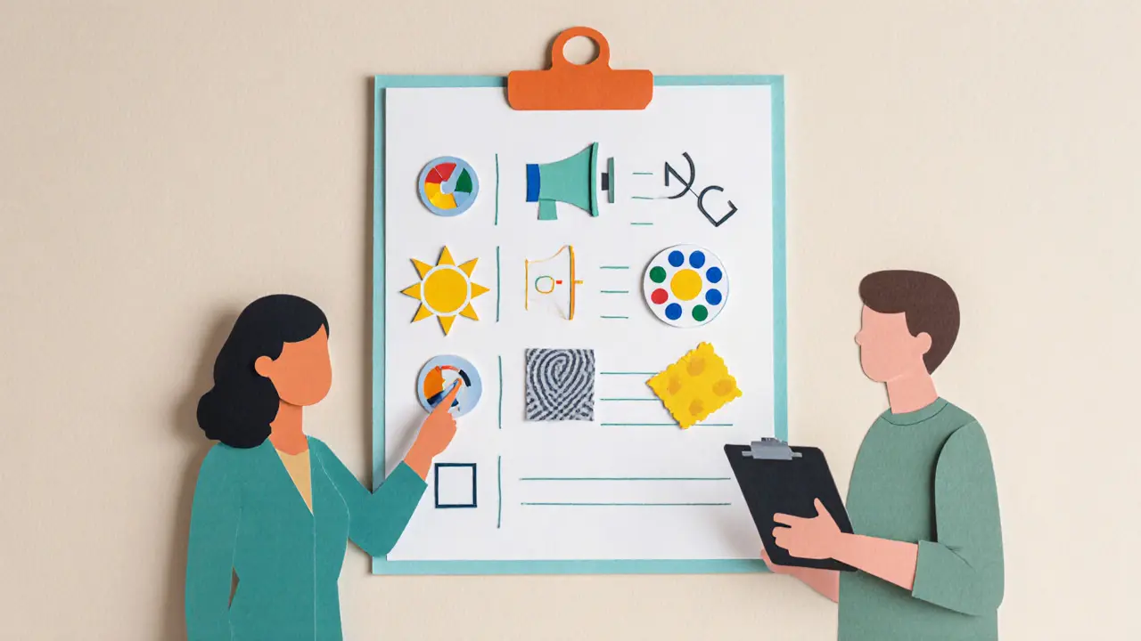 Nástěnka s kontrolním seznamem a ikonami pro měření světla, hluku, barvy, textury a profilu.