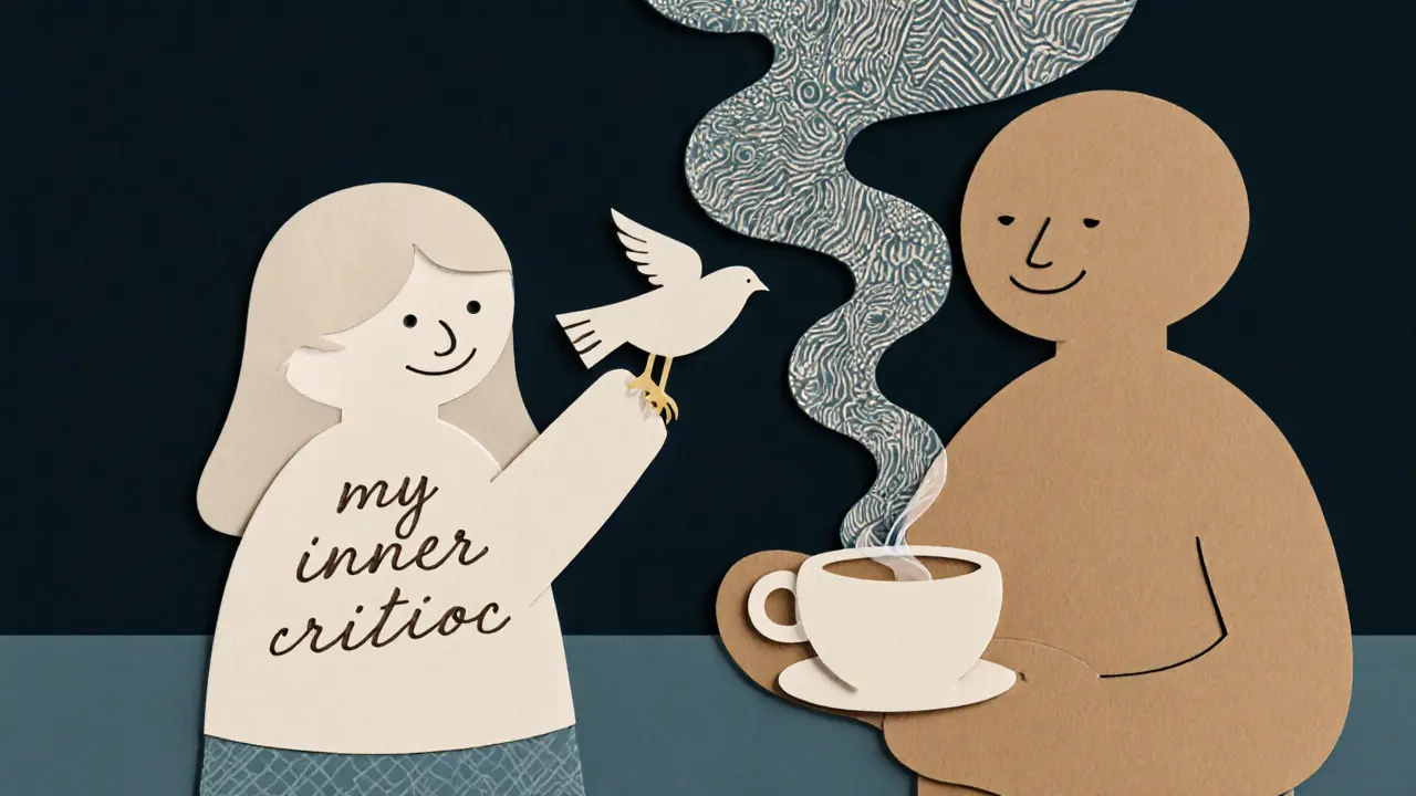 Osoba drží křehkého papírového ptáka jako vnitřního kritika, zatímco větší, klidná postava z papíru jí nabízí klid a útěchu.