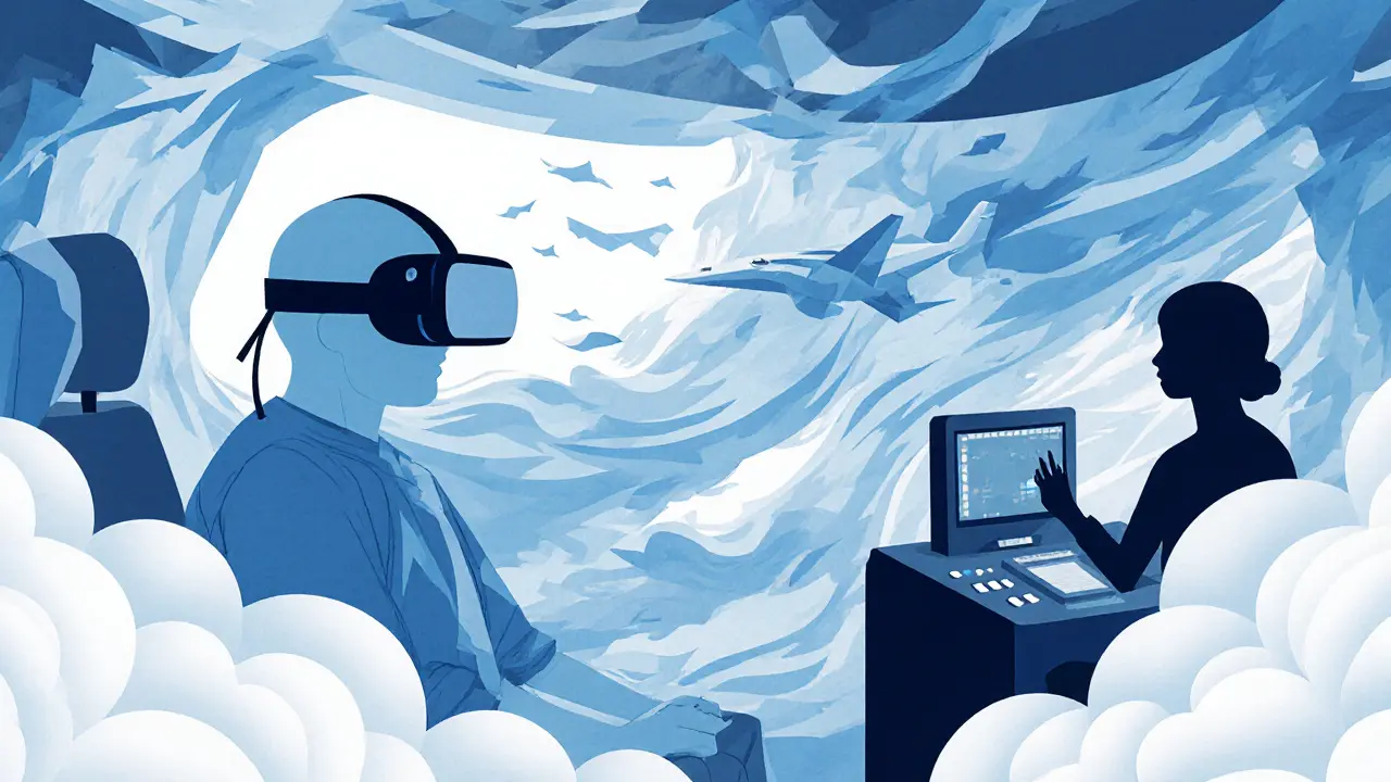 Pacient ve virtuálním letadle s VR headsetem, obklopený papírovými mraky a bouří.