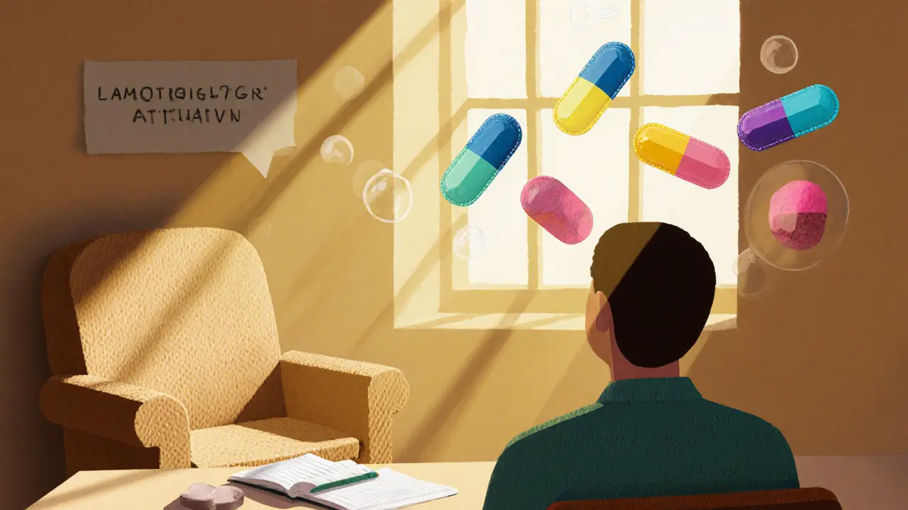 Papírová ilustrace pacienta, léků a terapie, ukazující doplnění farmakoterapie k psychoterapii.