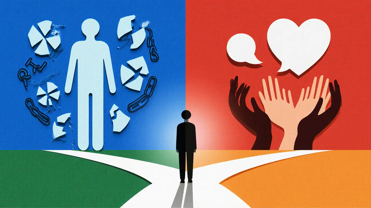 Papírový obraz porovnání Gestalt terapie a Rogersova přístupu s rozděleným portrétem.