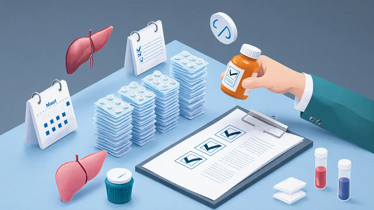 Papírový obrázek lékaře, rodiny a léků, zdůrazňující monitorování a bezpečnou medikaci.