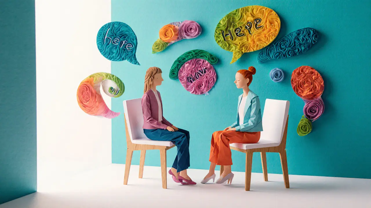 Papírový výřez zachycující prázdnou židli a klienta během Gestalt terapie.