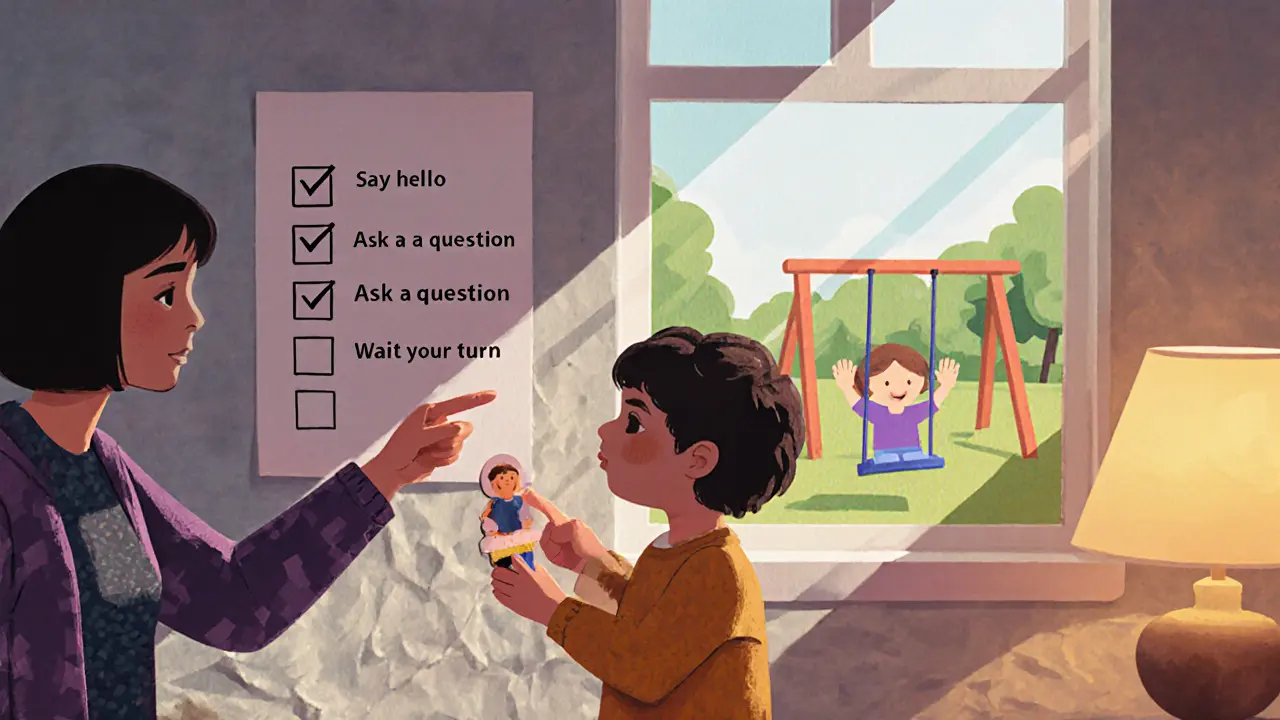 Rodič a dítě doma cvičí sociální interakce pomocí jednoduchých návodů.